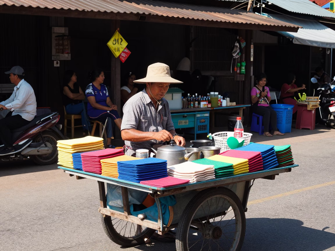 Noon Street Vendor in Chiang Mai Thailand Selling Pot Holders and Bar Soap in in Chiang Mai, Thailand