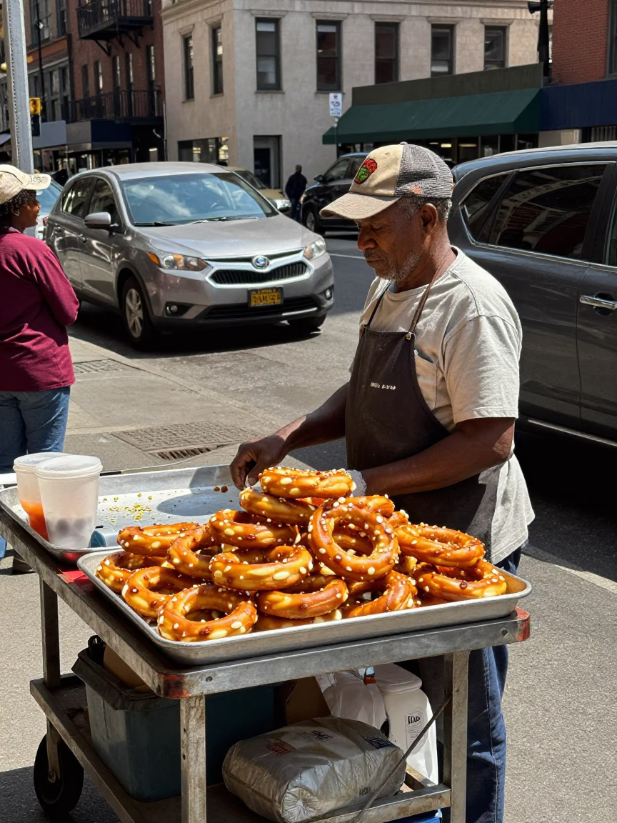 Noon Street Vendor in New York City Selling Mandazi and Cardamom Pastries in in New York, New York, United States