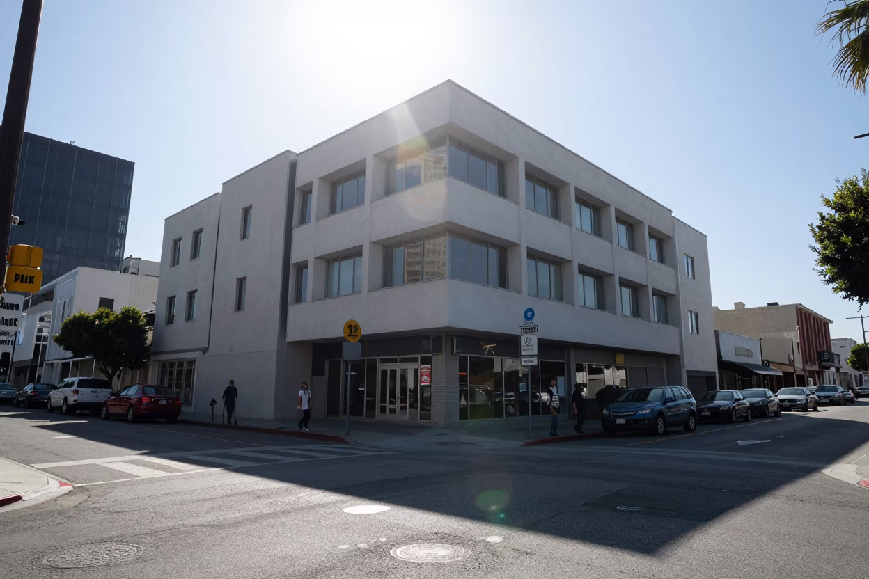 Noon Sunlight Glare on Los Angeles Midcentury Architecture and Street Scene in in Los Angeles, California, United States