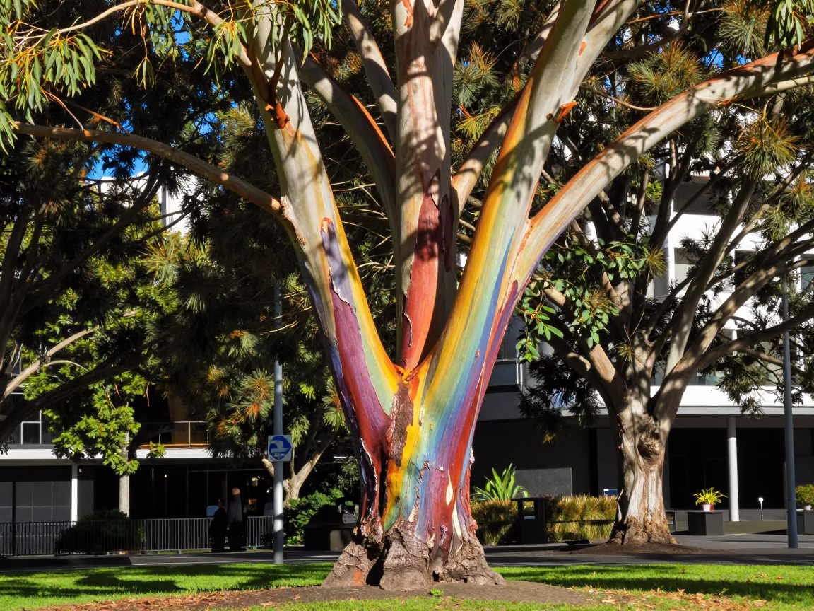 Noon Sunlight Illuminating Rainbow Eucalyptus Bark in Auckland New Zealand Urban Park in in Auckland, New Zealand