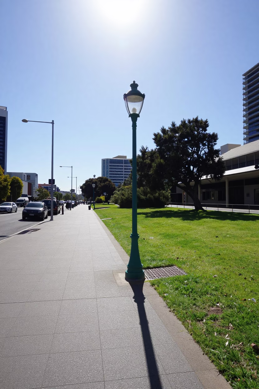 Noon Sunlight on Adelaide's North Terrace Street Furniture and Greenery in in Adelaide, South Australia, Australia