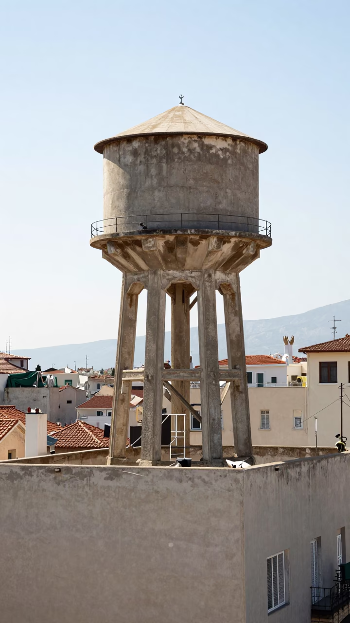 Noon Sunlight on Athens Rooftop Water Tower and Urban Skyline in in Athens, Greece