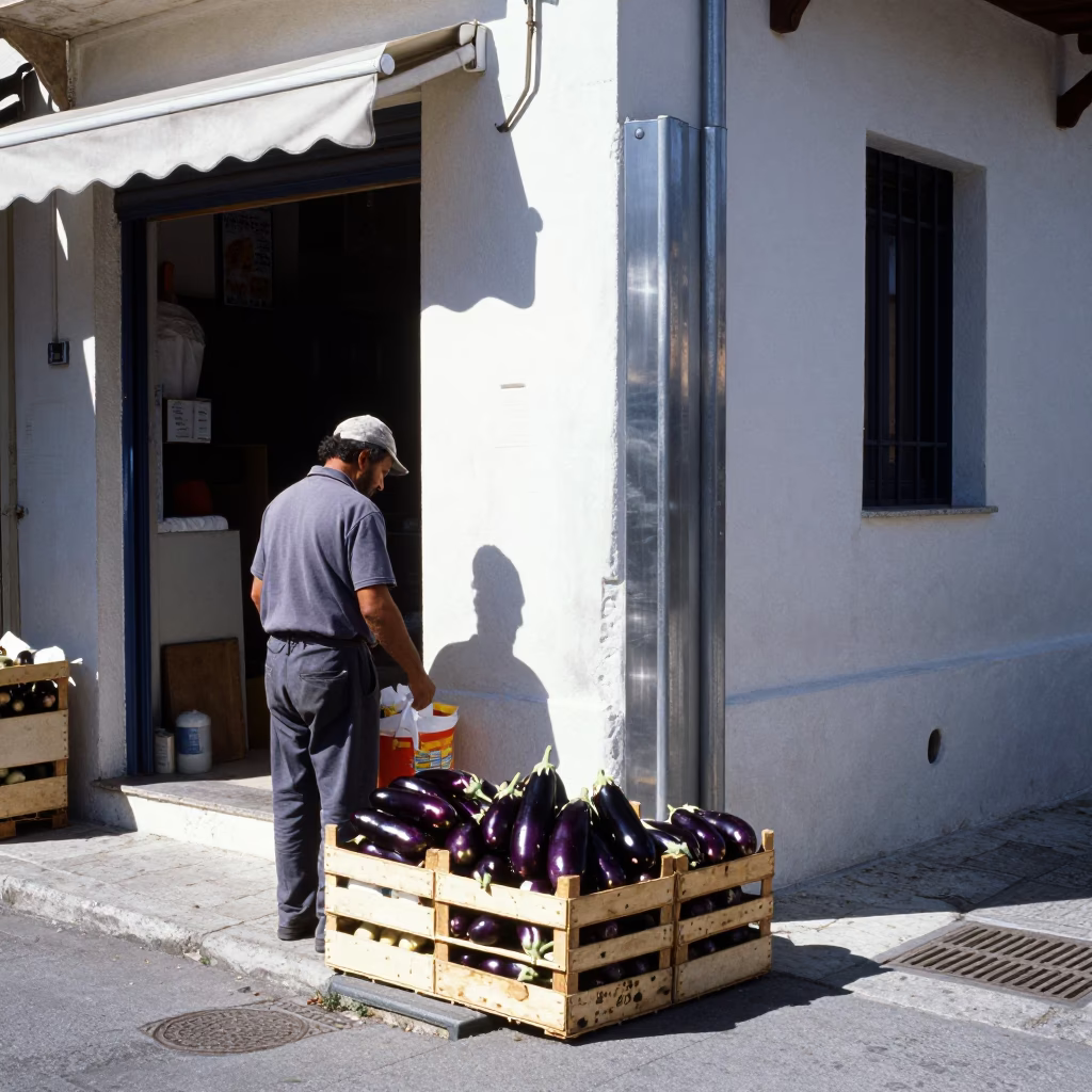 Noon Sunlight on Athens Street Corner with Brushed Steel Wall and Eggplant Vendor in in Athens, Greece