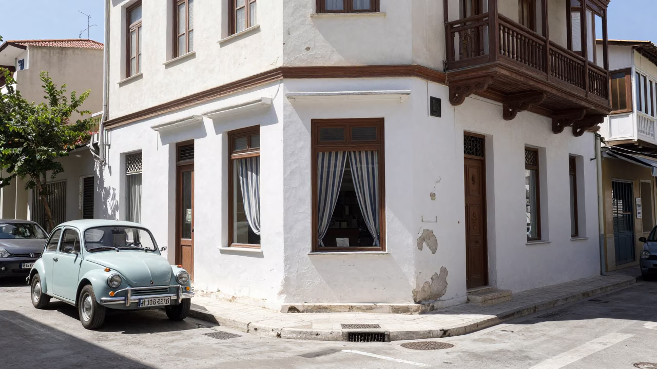 Noon Sunlight on Athens Street Corner with Vintage Car and Window Curtains in in Athens, Greece
