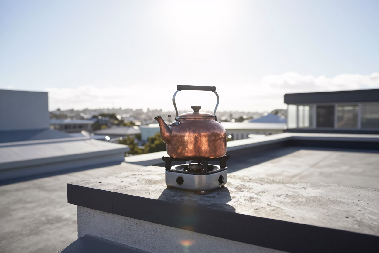 Noon Sunlight on Auckland Rooftops with Copper Coffee Pot and Kettle in in Auckland, New Zealand