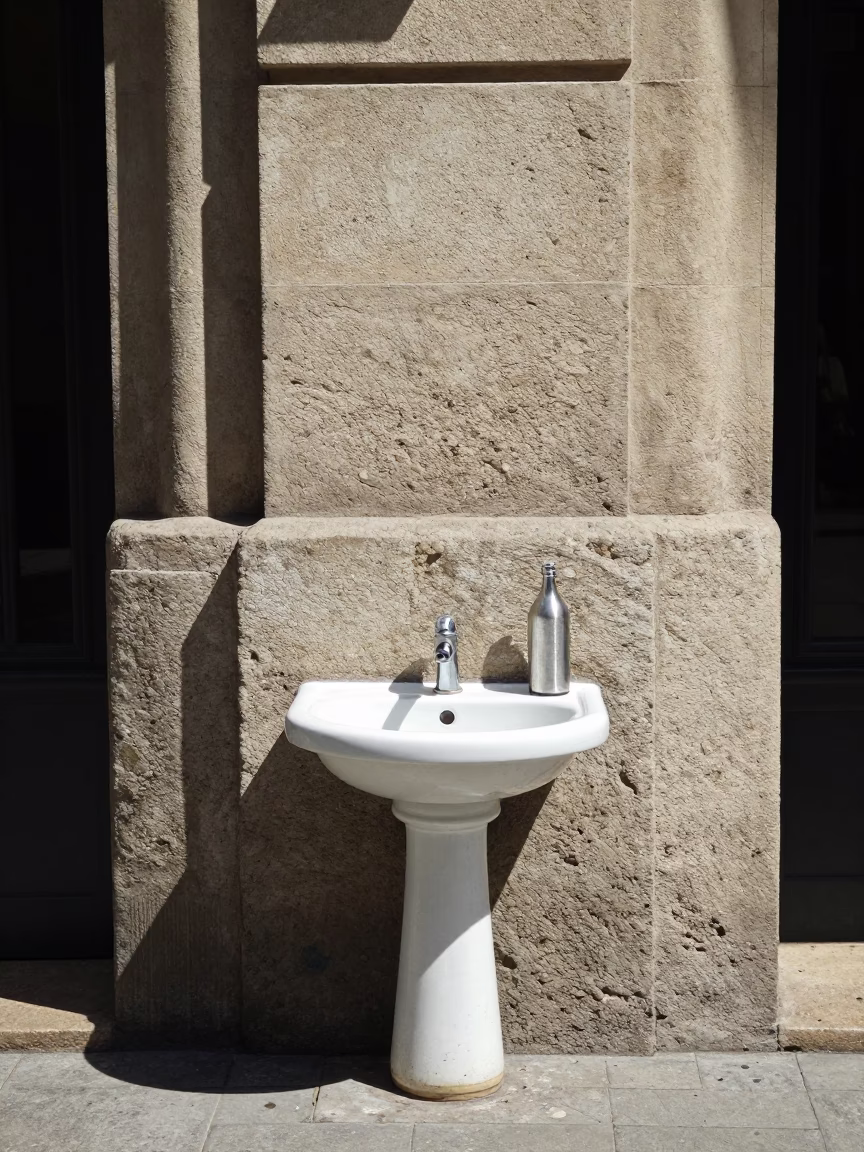 Noon Sunlight on Barcelona Street Corner with Steel Bottle and Wash Basin in in Barcelona, Spain