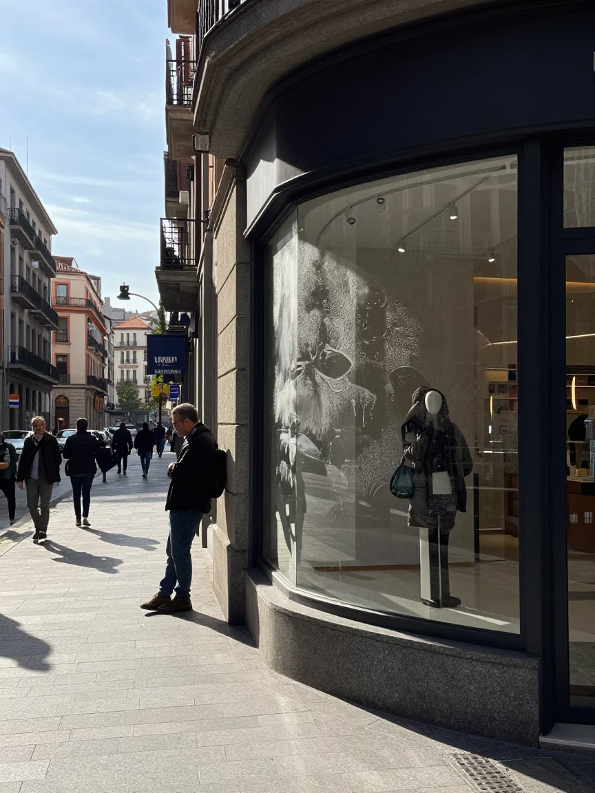 Noon Sunlight on Bilbao Street Corner with Condensation on Glass and Urban Life in in Bilbao, Spain