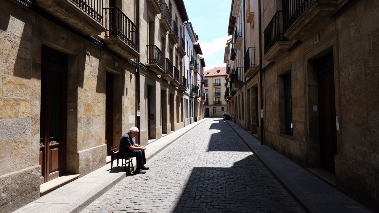 Noon Sunlight on Bilbao Street with Elderly Man Playing Recorder Near Plaza in in Bilbao, Spain