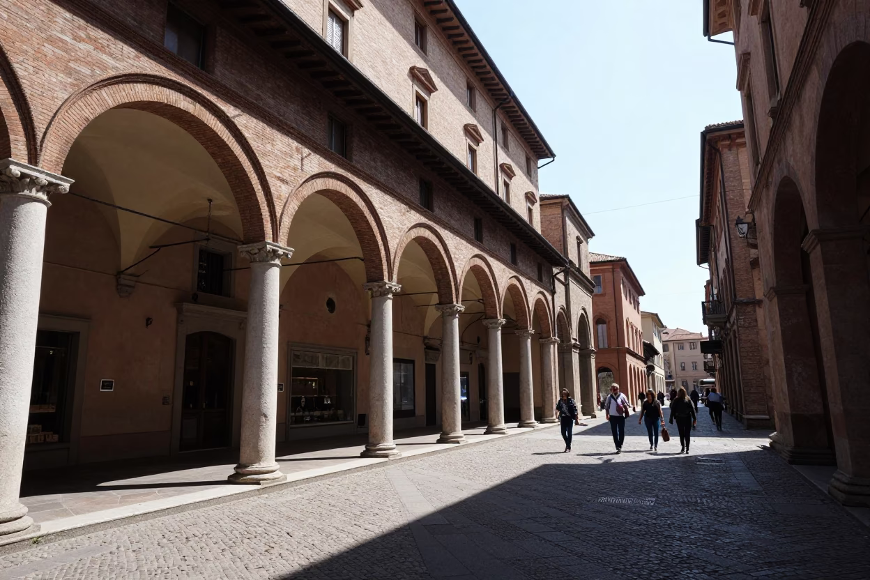Noon Sunlight on Bologna's Porticoed Streets with Traditional Architecture and Daily Life in in Bologna, Italy