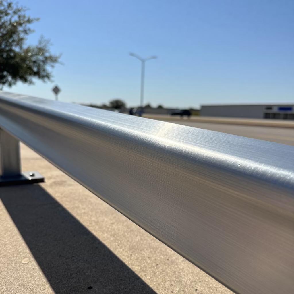 Noon Sunlight on Brushed Steel Rail Outside Austin Texas Food Truck Park in in Austin, Texas, United States