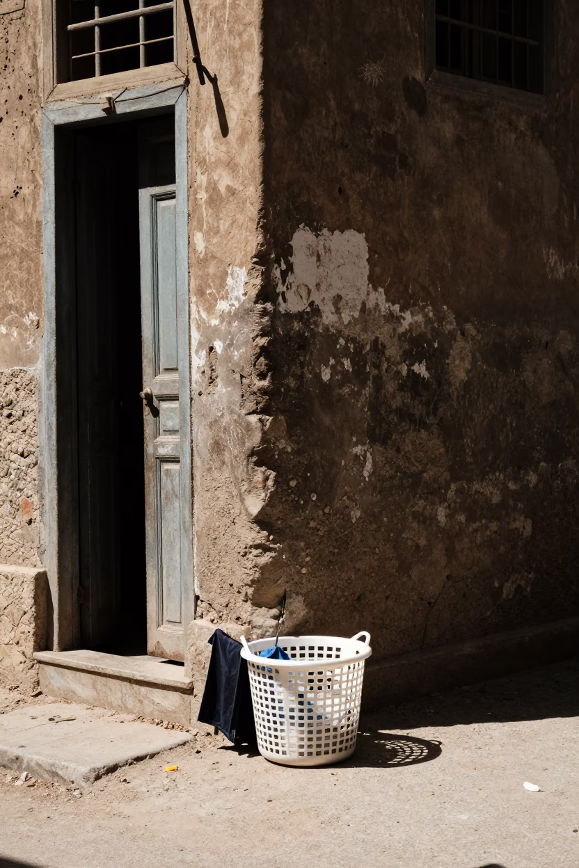 Noon Sunlight on Cairo Street Corner with Laundry Basket and Clay Pots in in Cairo, Egypt