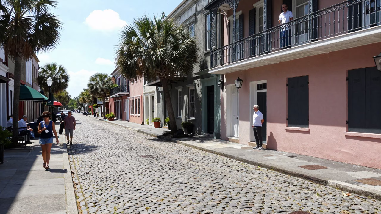 Noon Sunlight on Charleston Cobblestone Street with Local Pedestrians and Historic Architecture in in Charleston, South Carolina, United States