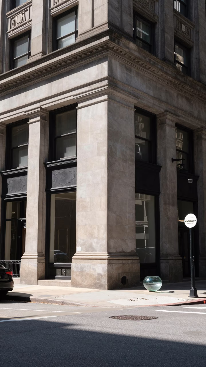 Noon Sunlight on Chicago Street Corner with Glass Bowl and Brass Stool in in Chicago, Illinois, United States