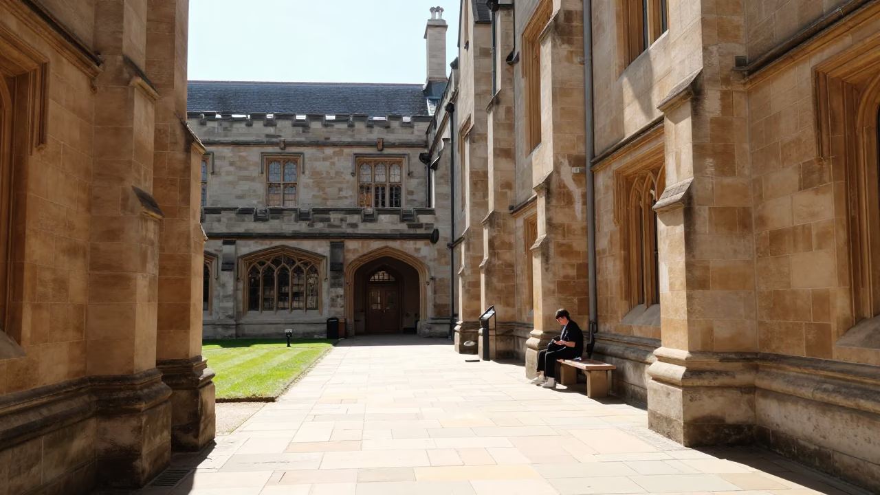 Noon Sunlight on Christchurch University Cloister Walkway Between Old Stone Buildings in in Christchurch, New Zealand