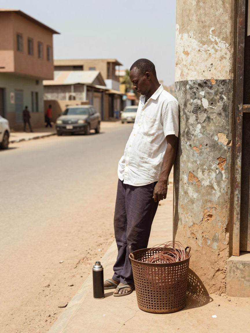 Noon Sunlight on Dakar Street Corner with Thermos and Scrap Basket in in Dakar, Senegal