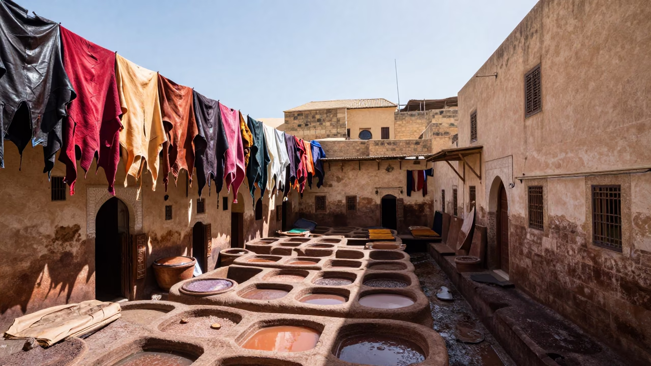 Noon Sunlight on Fez Medina Alleyway with Leather Tannery Workers and Clay Pots in in Fez, Morocco