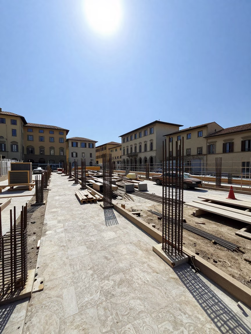 Noon Sunlight on Florence Construction Site with Rebar and Climbing Jasmine Trellis in in Florence, Italy