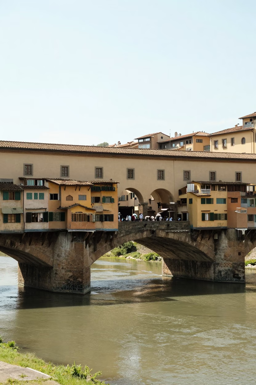 Noon Sunlight on Florence Ponte Vecchio Bridge with Shopkeepers and Tourists in in Florence, Italy