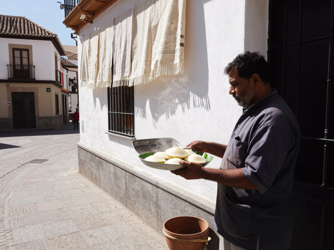 Noon Sunlight on Granada Spain Plaza Street Scene with Tiffin Carrier and Linen Fringe in in Granada, Spain