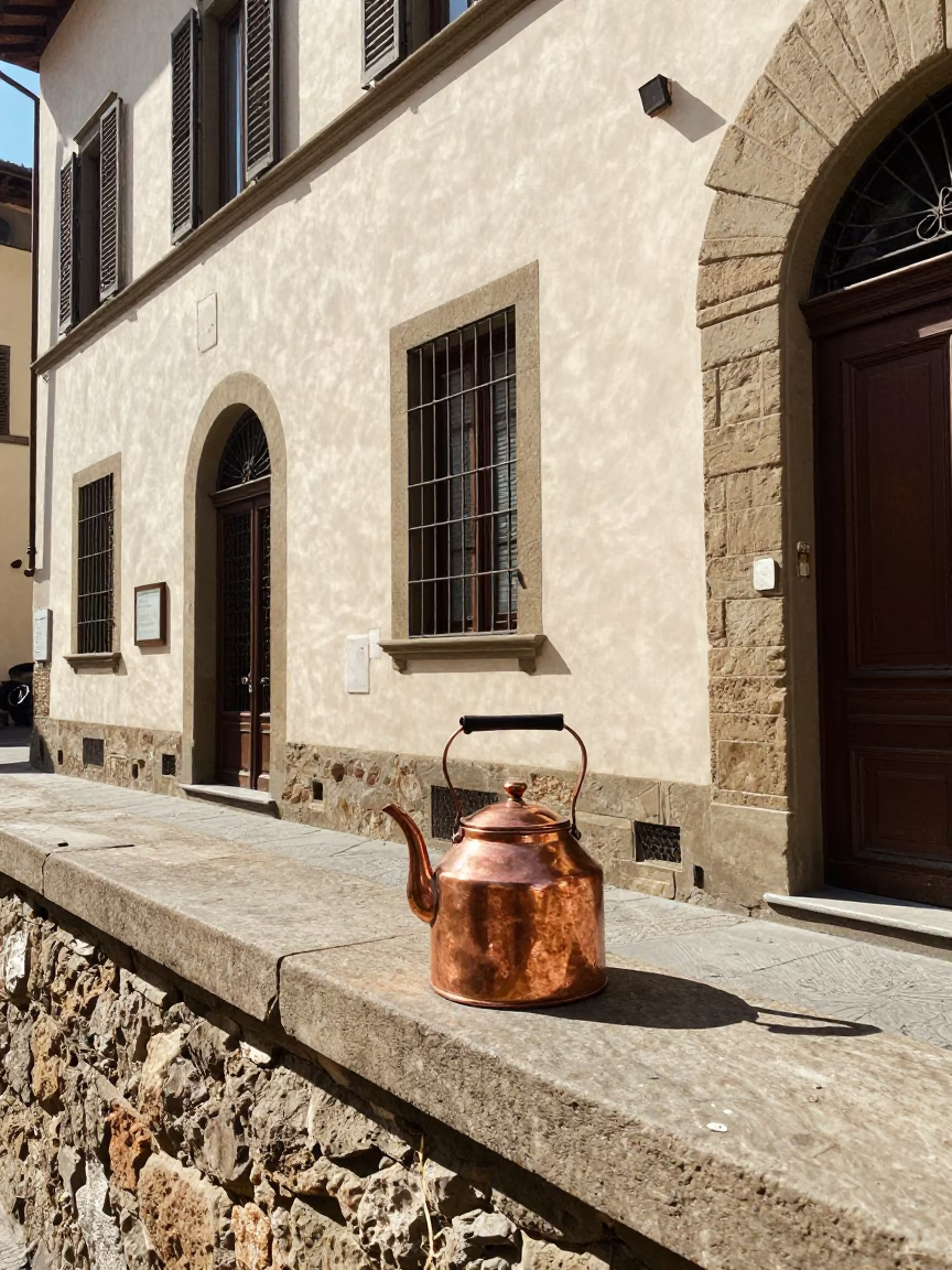 Noon Sunlight on Historic Florentine Street with Kettle and Hose Nozzle in in Florence, Italy