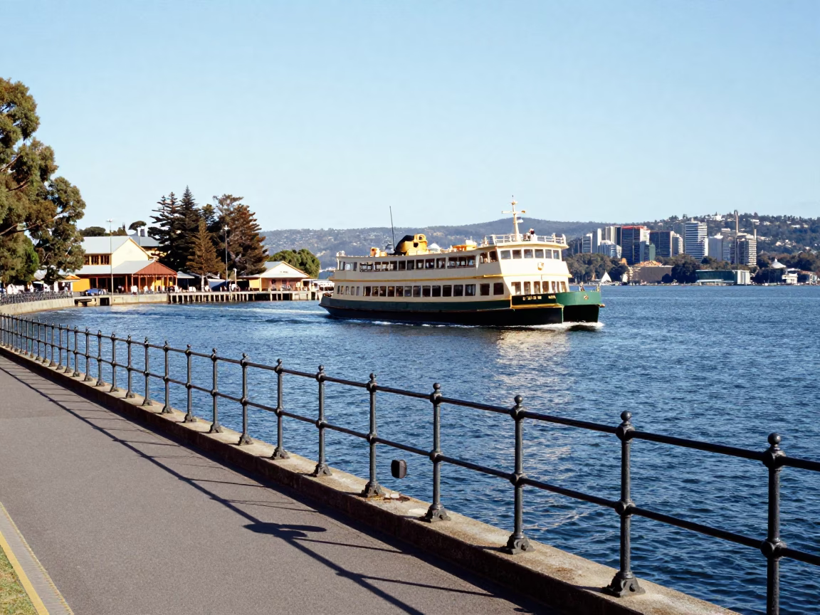 Noon Sunlight on Historic Hobart Waterfront with Ferry and Maritime Activity in in Hobart, Tasmania, Australia