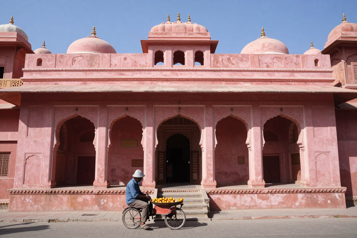 Noon Sunlight on Jaipur Pink Architecture with Street Vendor and Traditional Wrench in in Jaipur, India