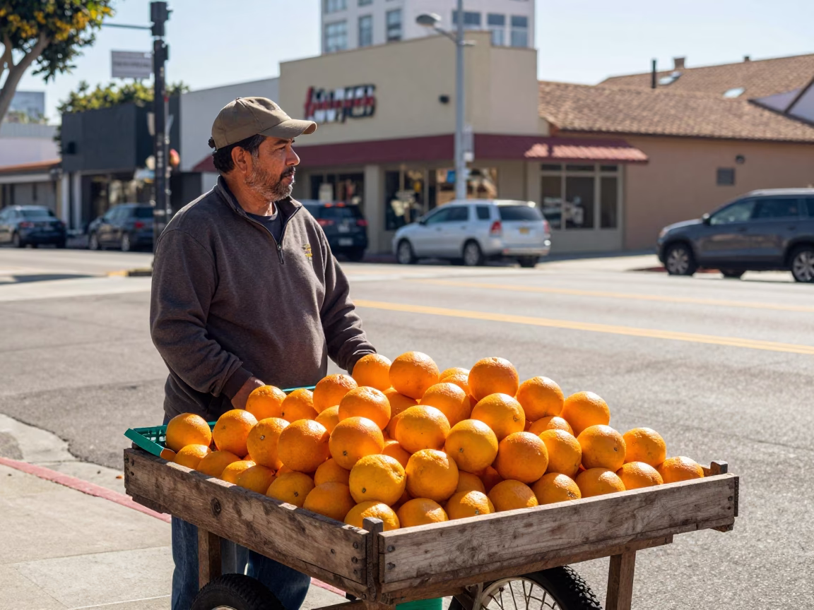 Noon Sunlight on Los Angeles Street Corner with Oranges and Deck of Cards in in Los Angeles, California, United States
