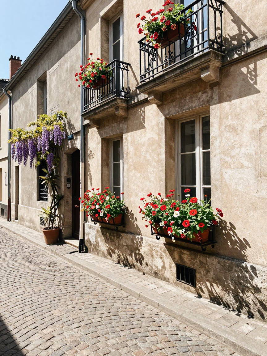 Noon Sunlight on Lyon Cobblestones with Zinnias and Wisteria in in Lyon, France