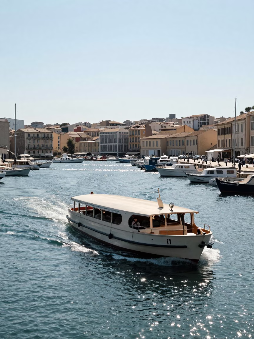 Noon Sunlight on Marseille Old Port Water Taxi and Canal Houseboats in in Marseille, France