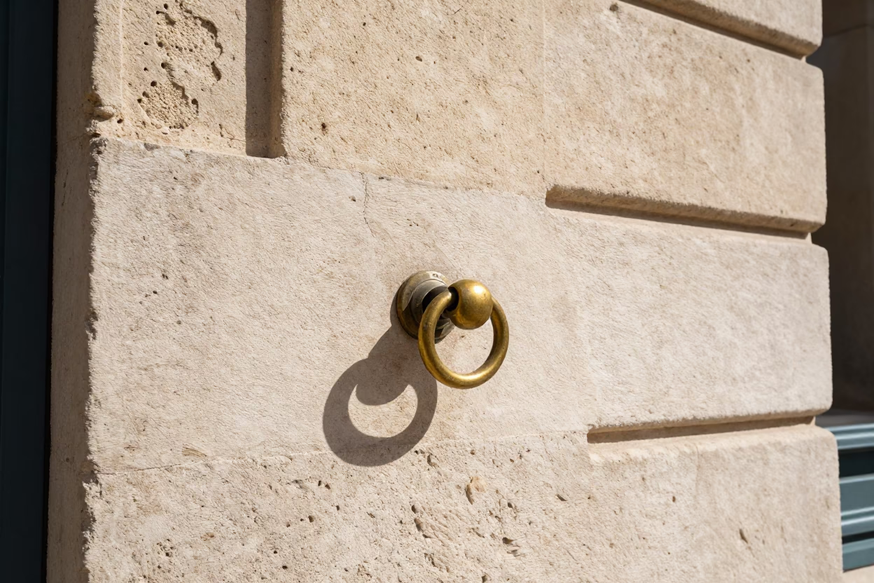 Noon sunlight on Marseille stone architecture with doorknob and pottery shard details in in Marseille, France