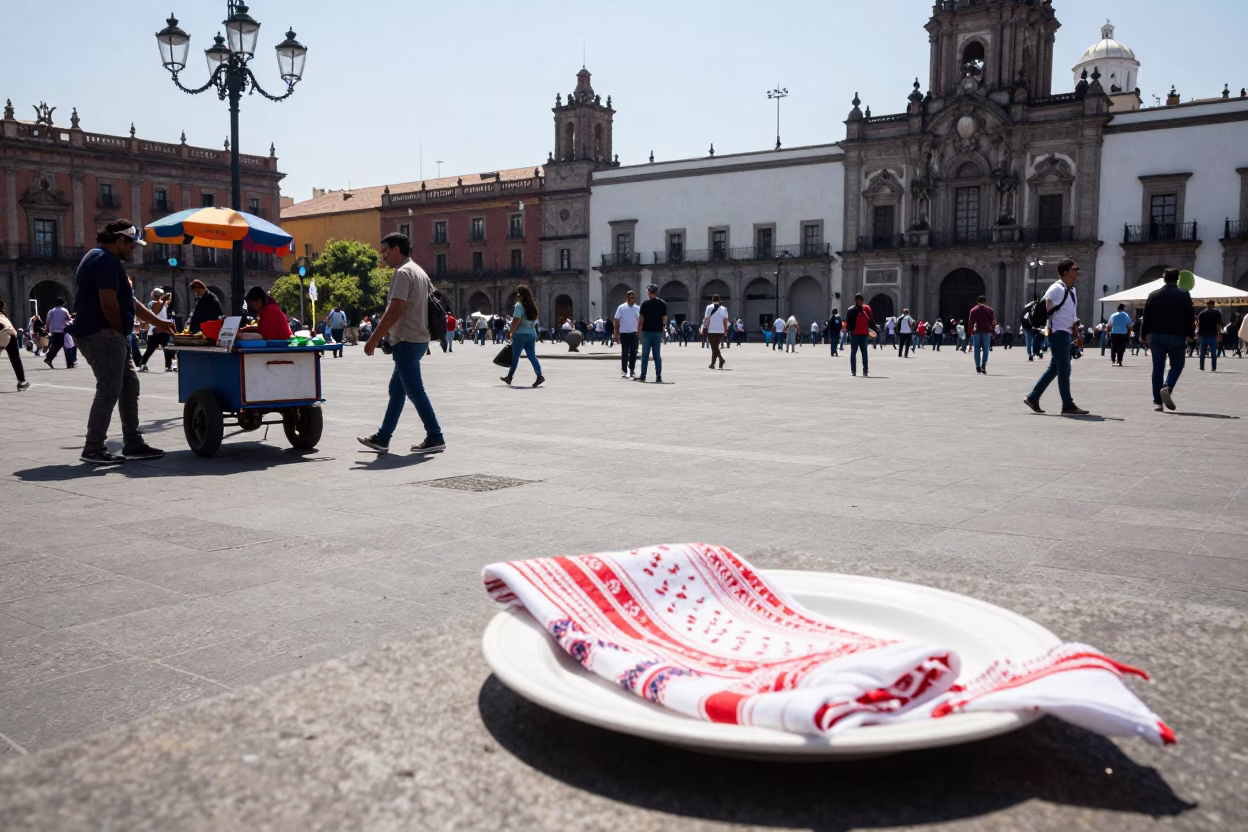 Noon Sunlight on Mexico City Plaza with Handkerchief and Plate in in Mexico City, Mexico