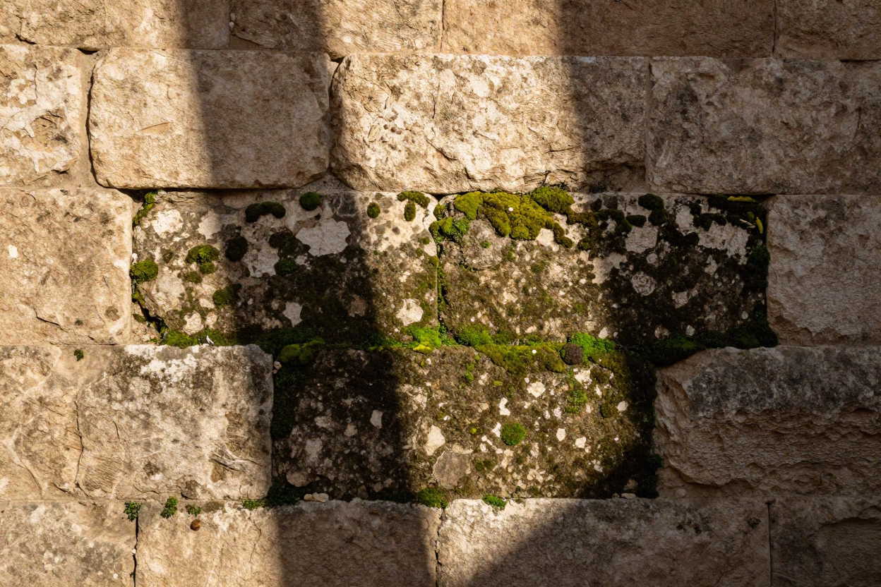 Noon Sunlight on Muscat Stone Wall with Moss and Water Rings on Sill in in Muscat, Oman