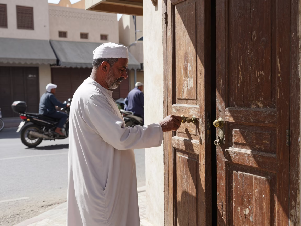 Noon Sunlight on Muscat Street Corner with Local Vendor and Doorknob Detail in in Muscat, Oman