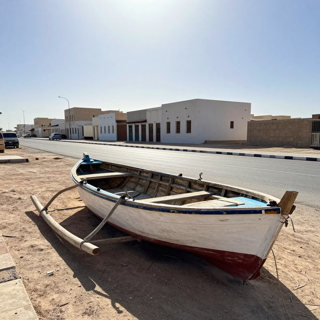 Noon Sunlight on Muscat Street with Wooden Fishing Boat and Seashells in in Muscat, Oman