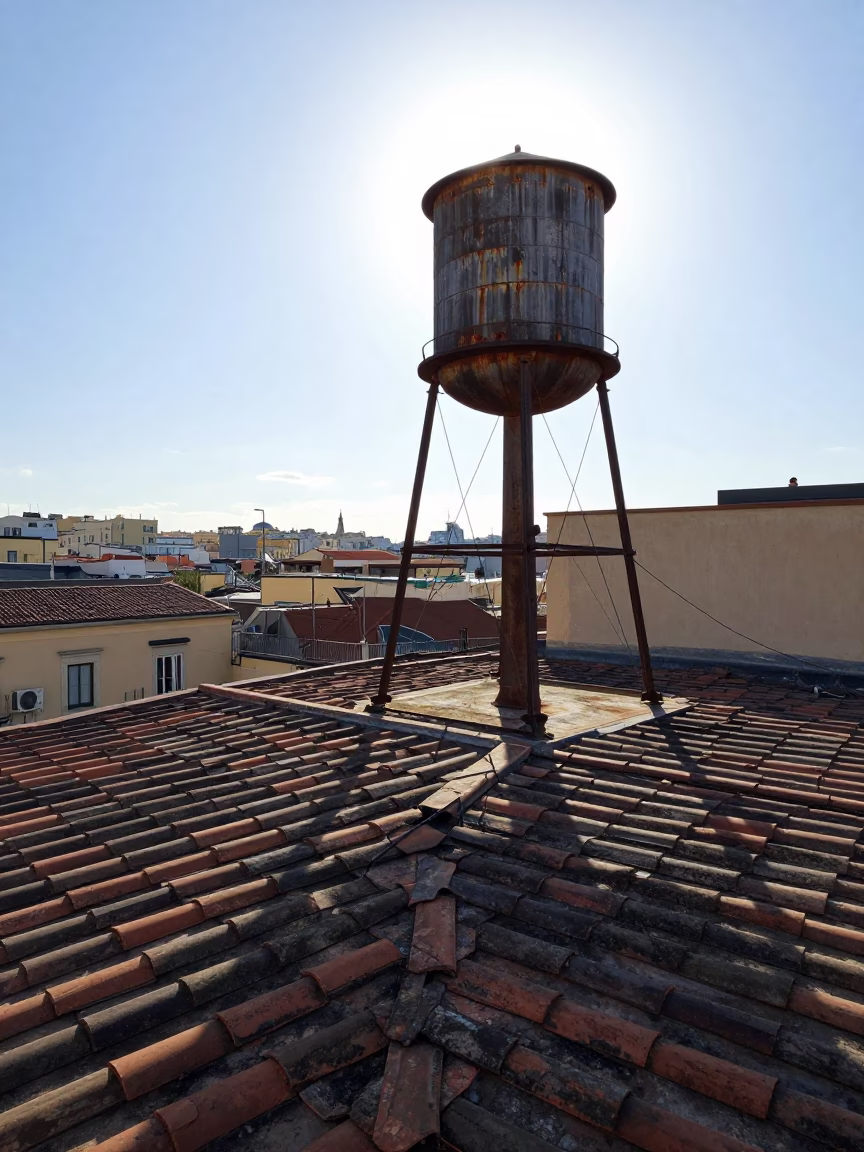 Noon Sunlight on Naples Rooftop Water Tower and Cityscape in in Naples, Italy