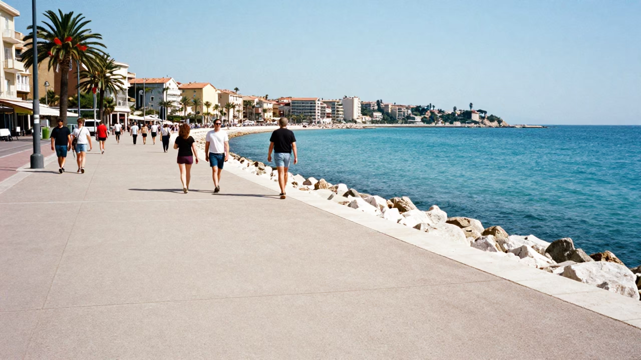Noon Sunlight on Nice Promenade with Local Street Scene and Pedestrians in in Nice, France