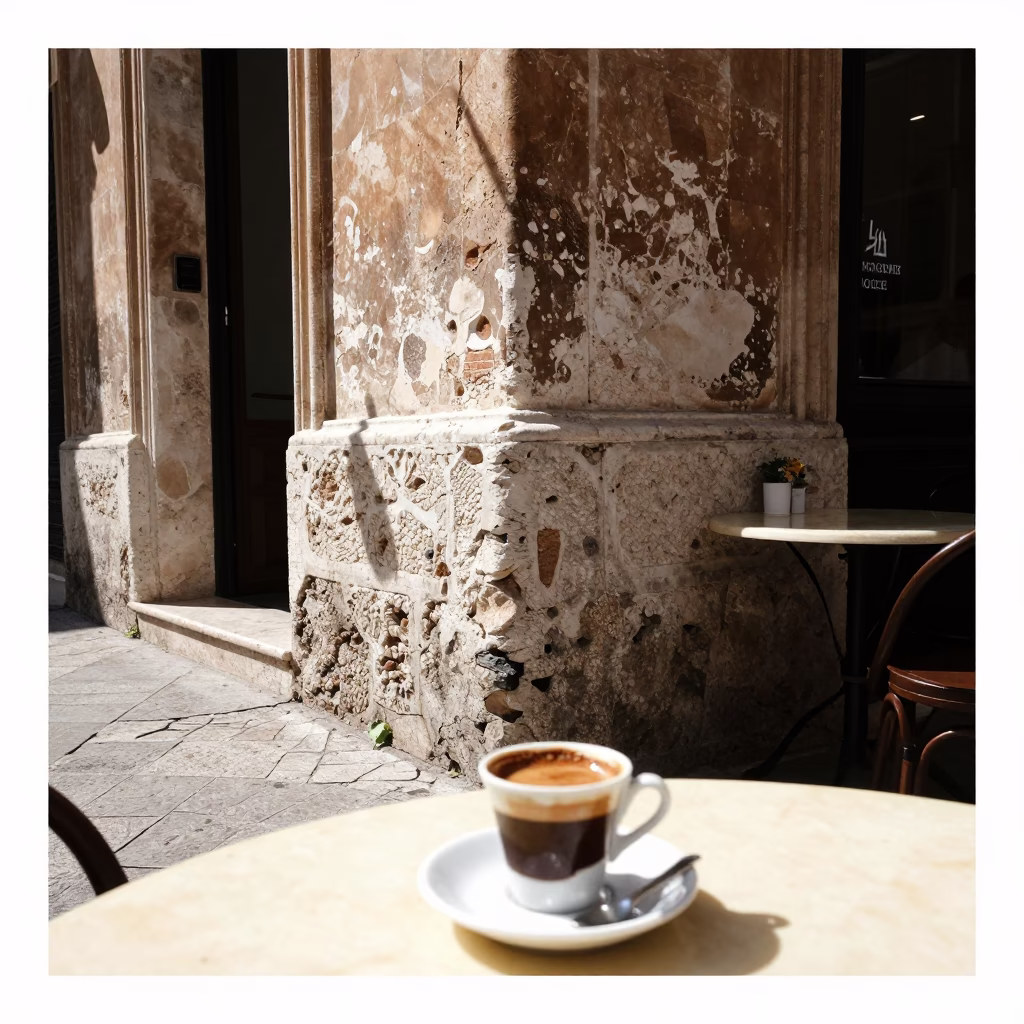 Noon Sunlight on Palermo Street Corner with Coffee and Lived-In Urban Details in in Palermo, Italy