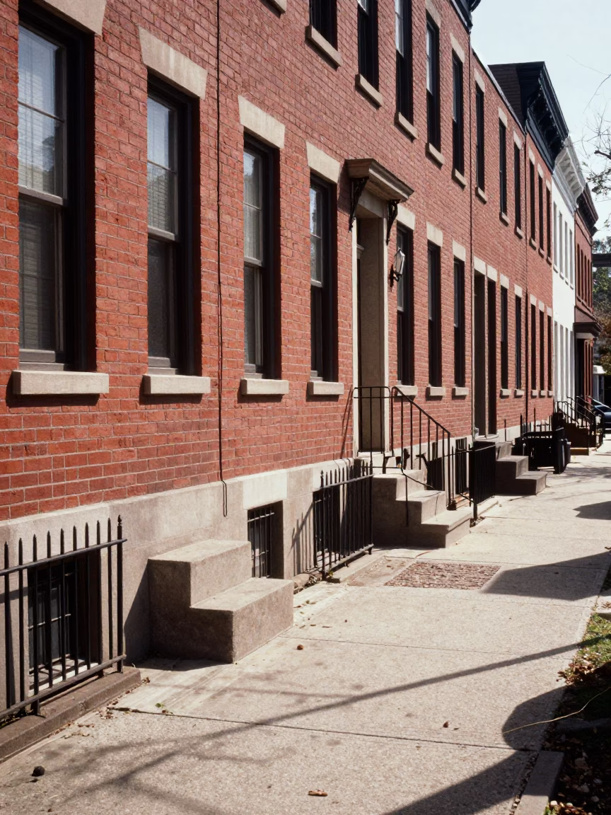 Noon Sunlight on Philadelphia Row House Sidewalk with Twine and Glass Tumbler in in Philadelphia, Pennsylvania, United States