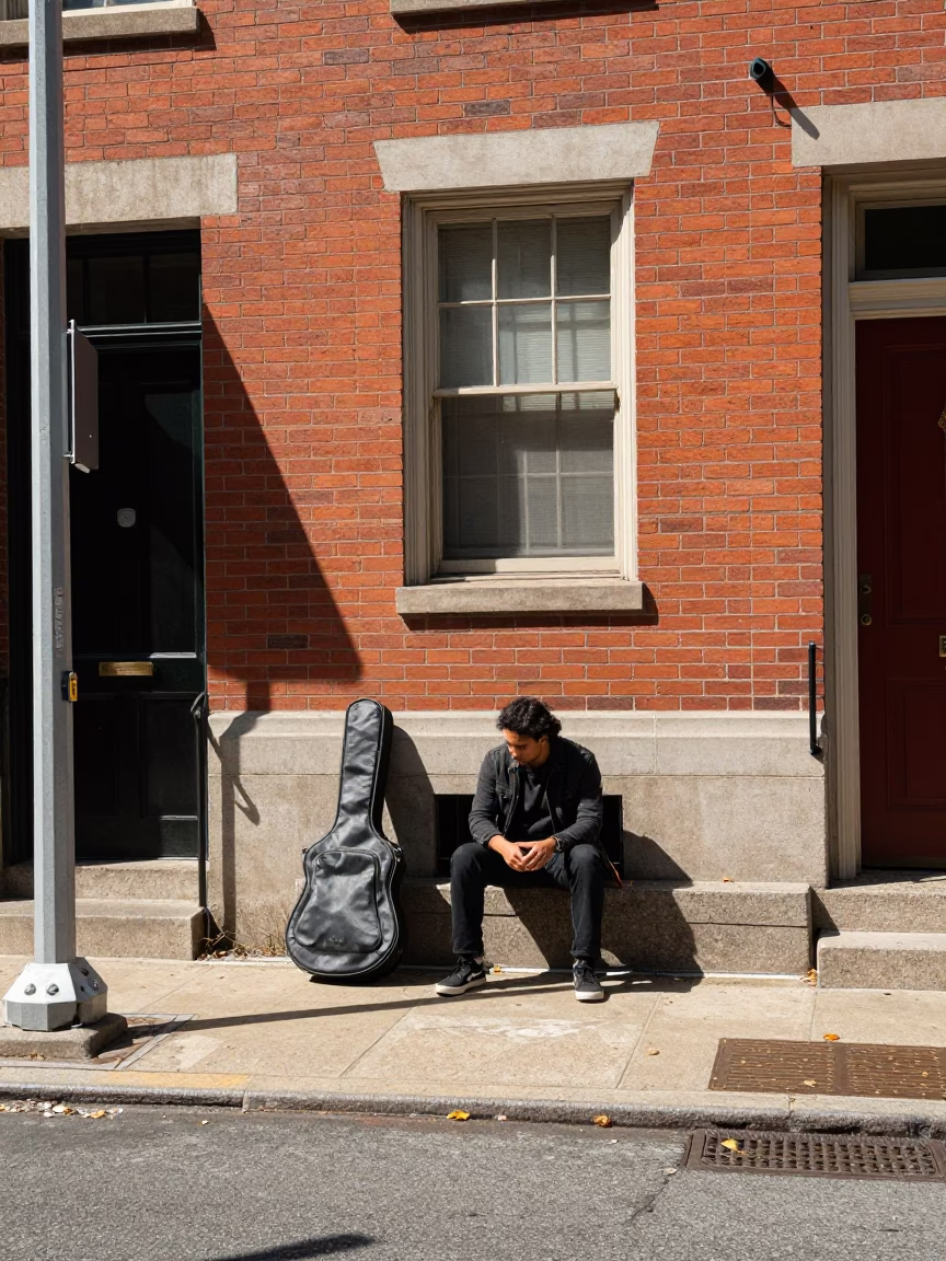 Noon Sunlight on Philadelphia Street with Guitar Case and Urban Details in in Philadelphia, Pennsylvania, United States