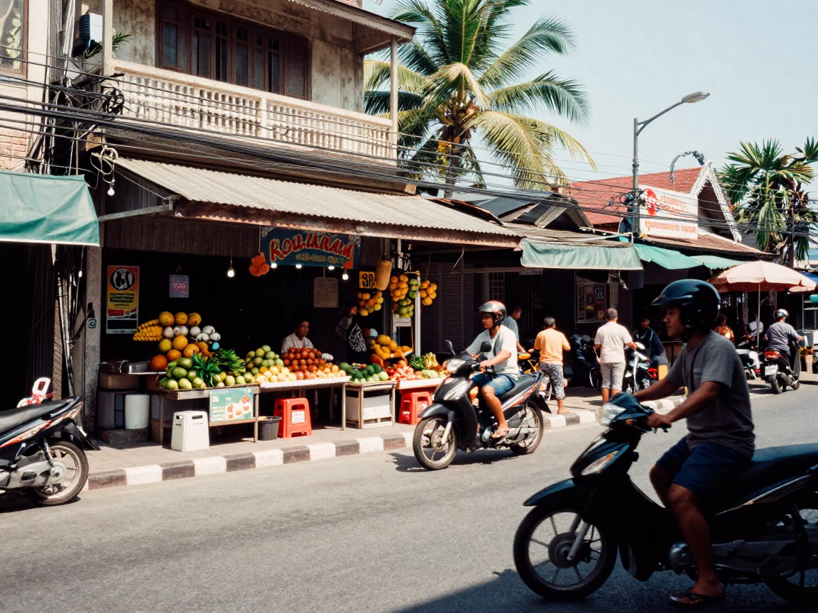 Noon Sunlight on Phuket Street with Motorbike and Tropical Greenery in in Phuket, Thailand