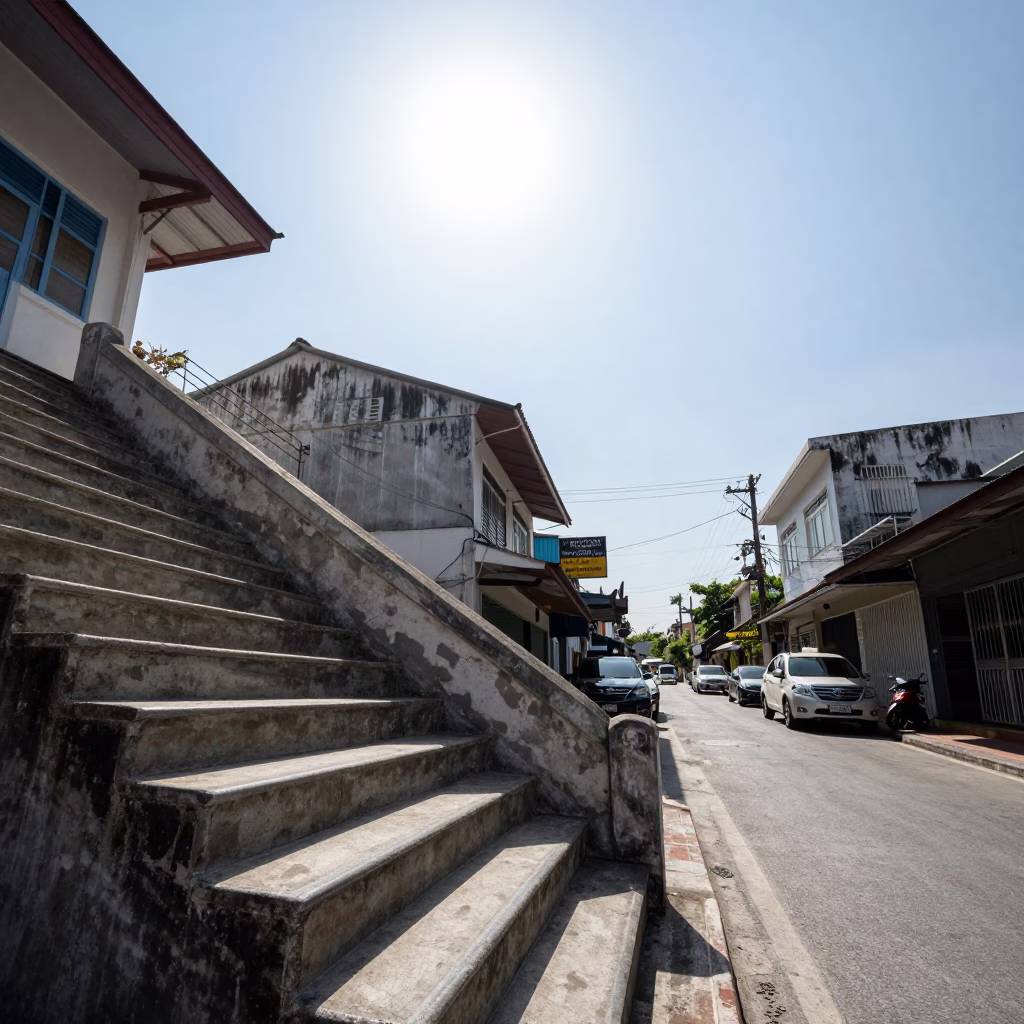Noon Sunlight on Phuket Thai Street Scene with Stair Rail and Local Life in in Phuket, Thailand