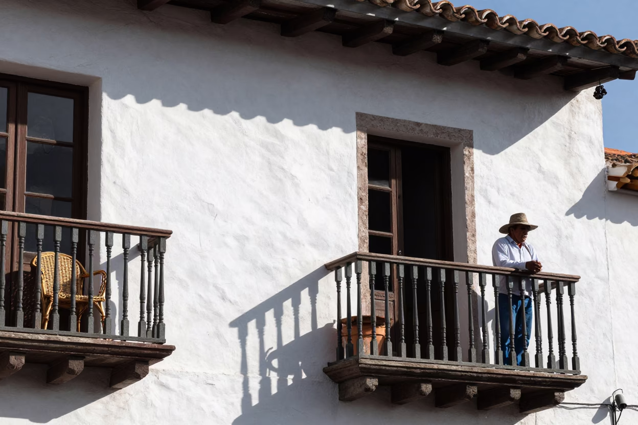 Noon Sunlight on Quito Balcony with Wicker Shadow and Spices in in Quito, Ecuador