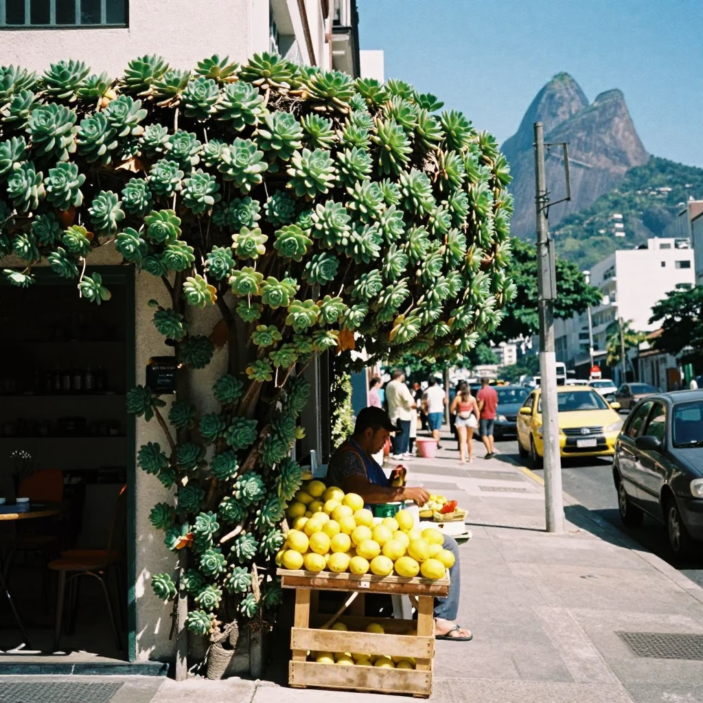 Noon Sunlight on Rio Cafe Succulent Wall and Lemon Stall in in Rio de Janeiro, Brazil