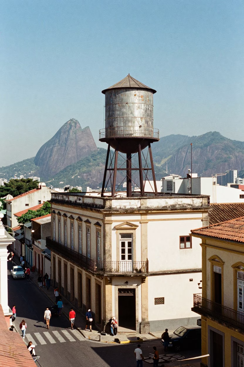 Noon Sunlight on Rio Rooftop Water Tower and Street Life in Brazil in in Rio de Janeiro, Brazil