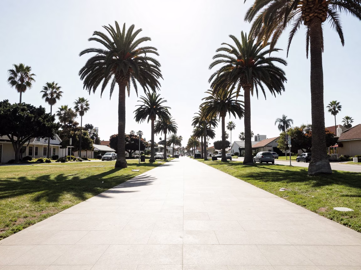 Noon Sunlight on San Diego Balboa Park Pathway with Vintage 1970s Street Scene in in San Diego, California, United States