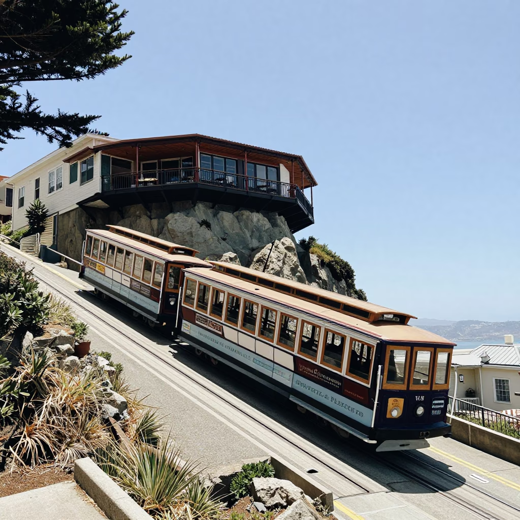 Noon Sunlight on San Francisco Funicular Railway and Cliffside Restaurant Exterior in in San Francisco, California, United States