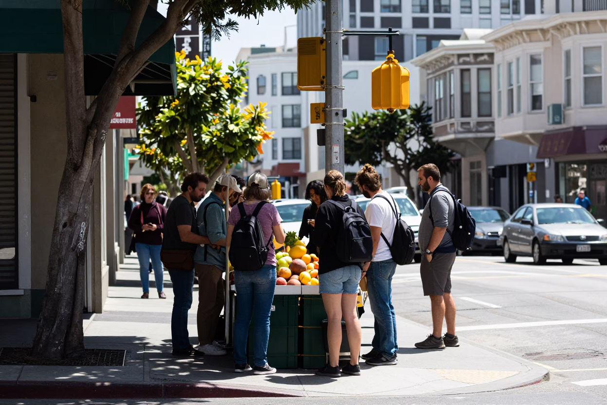 Noon Sunlight on San Francisco Street Corner with Tourists and Local Vendors in in San Francisco, California, United States