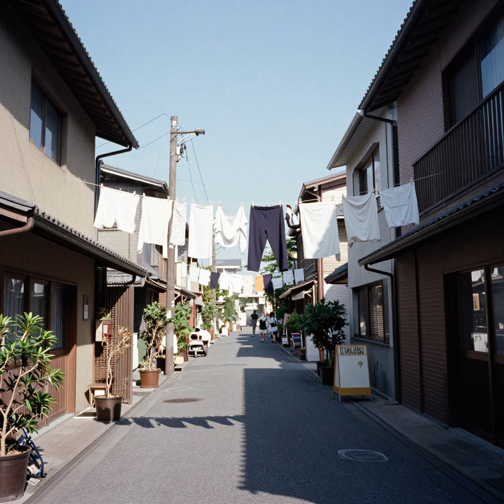 Noon Sunlight on Tokyo Street with Hanging Laundry and Eggplant Vendor Stall in in Tokyo, Japan