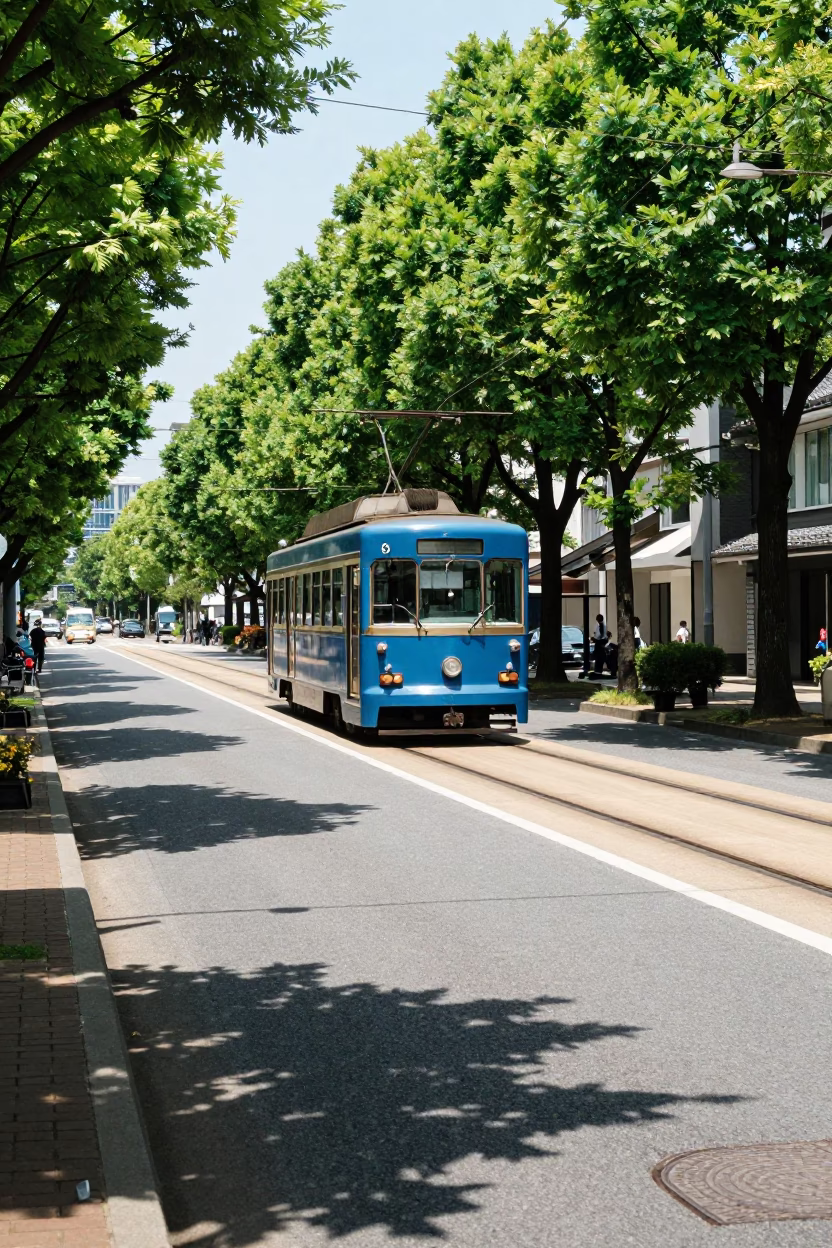 Noon Sunlight on Tramcar Moving Along Tree-Lined Boulevard in Osaka Japan in in Osaka, Japan