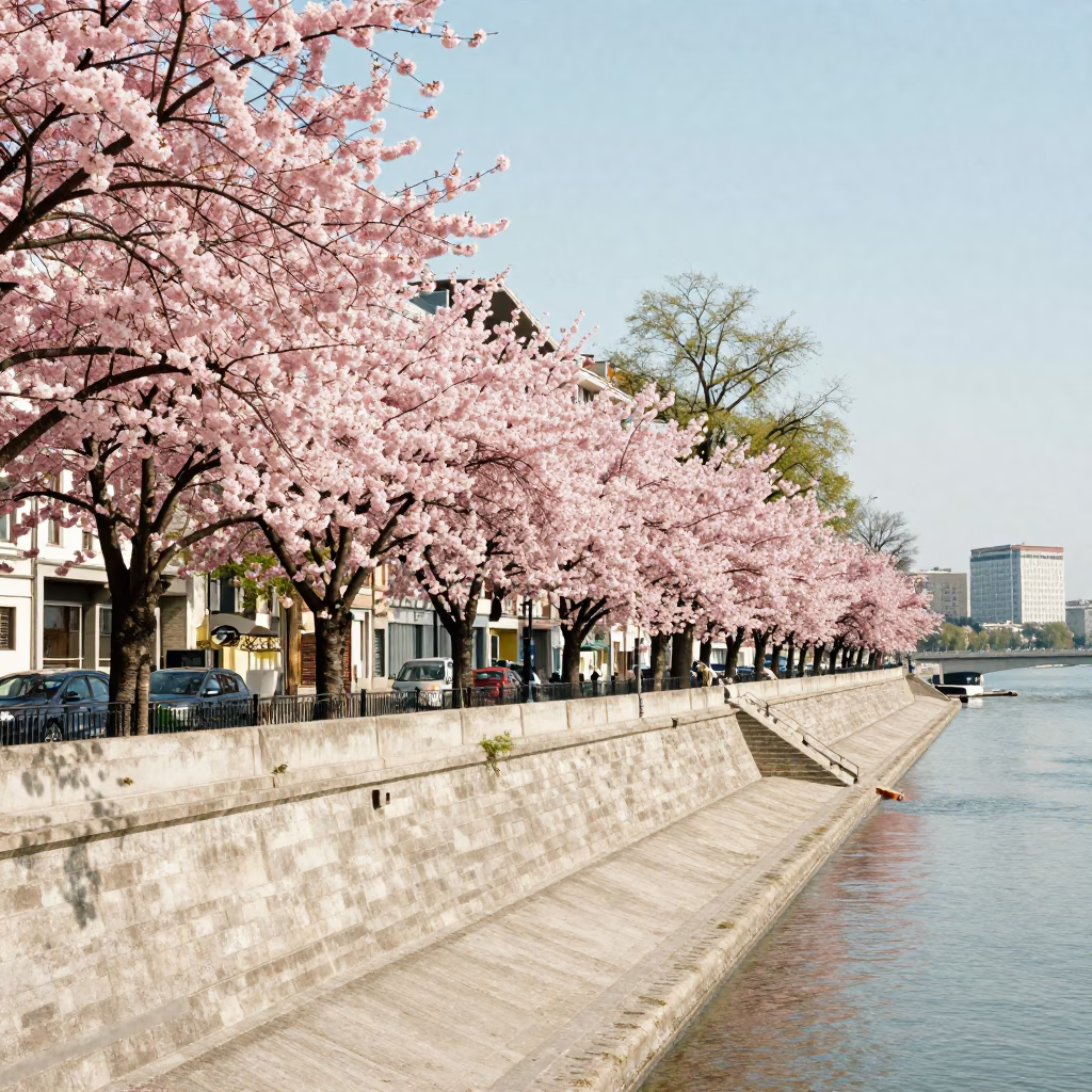 Noon Sunlight Over Budapest Canal Banks and Cherry Trees in in Budapest, Hungary